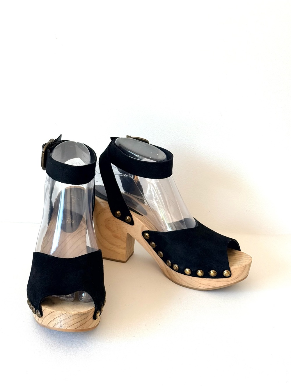 Free People Pasadena Clogs Black Suede Studded Wooden Platform Sandals Peep Toe - Picture 7 of 16